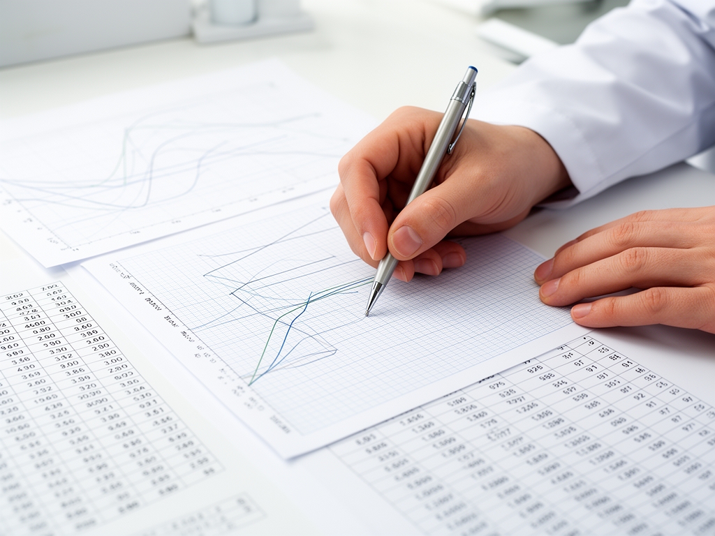 Ricercatore che annota dati su carta millimetrata con grafici scientifici e tabelle di dati numerici su sfondo luminoso e ordinato