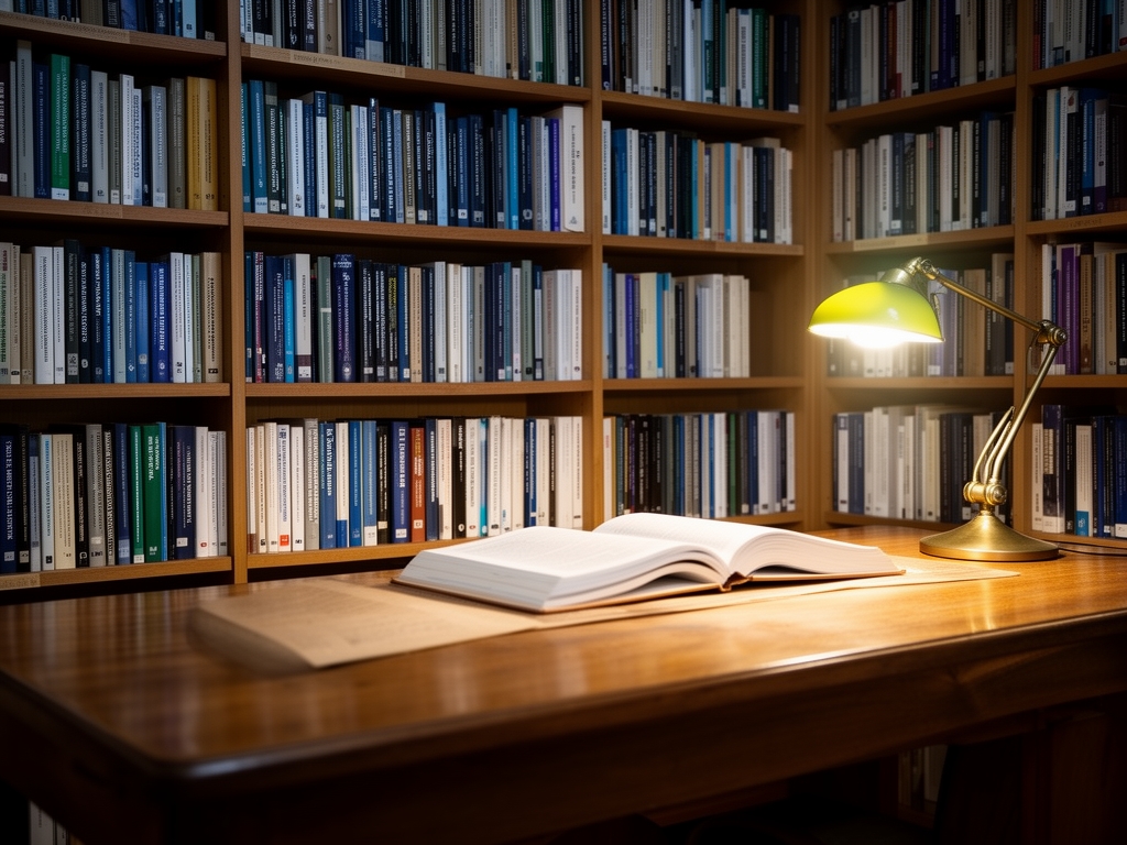 Biblioteca con scaffali colmi di libri di testo scientifici e tavolo di studio illuminato da lampada da lettura in ambiente accogliente e sereno
