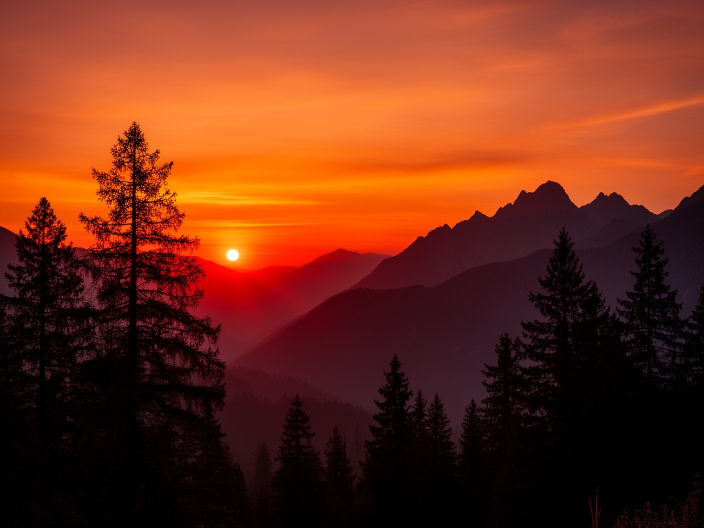 Paesaggio naturale montano al tramonto con cielo arancione e rosso, silhouette di alberi e montagne che evocano equilibrio e serenità