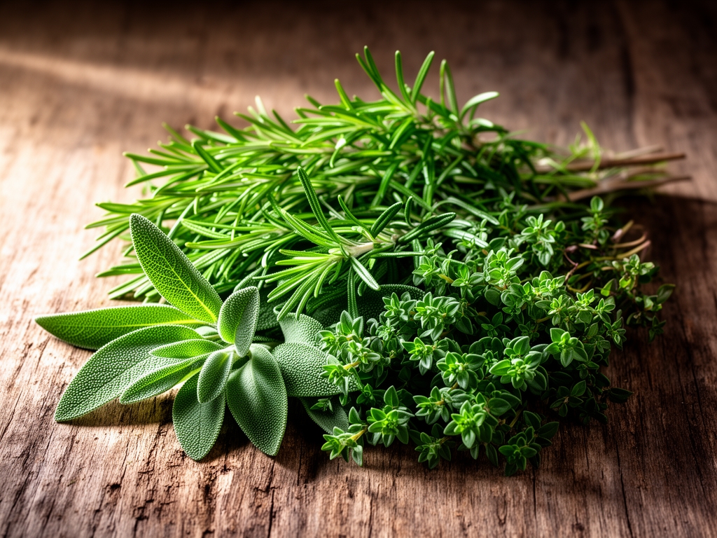 Raccolta di erbe aromatiche fresche come rosmarino, salvia e timo su piano di legno rustico con luce naturale laterale che ne evidenzia le texture