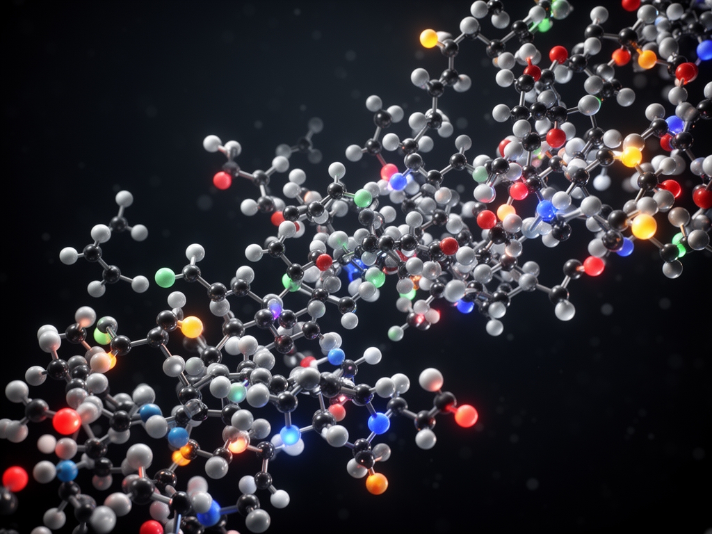 Visualizzazione digitale tridimensionale di molecole organiche su sfondo scuro con elementi luminosi che ne evidenziano la struttura chimica complessa