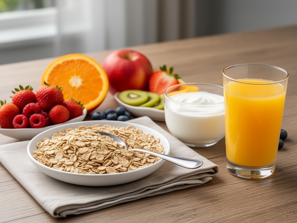 Tavolo apparecchiato con una colazione equilibrata: cereali integrali, frutta fresca, yogurt bianco e succo d'arancia in un ambiente luminoso mattutino